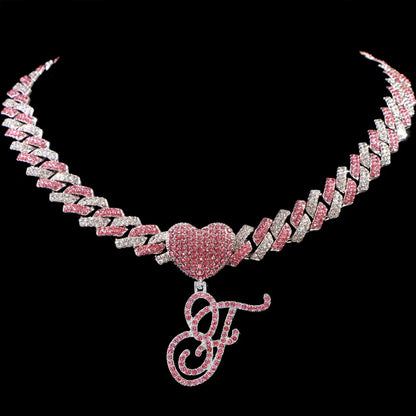 Hip Hop Bling Pink Crystal Cursive Initial Letter Cuban Necklace for Women Iced Out Paved Cuban Chain Necklace Choker Jewelry