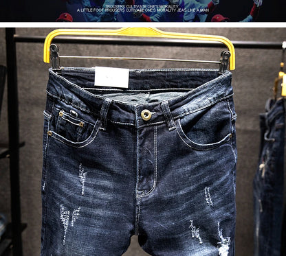 Ripped Jeans Men Slim-fit Denim Pants Fashion Elasticity Versatile Blue Black Men's Clothing