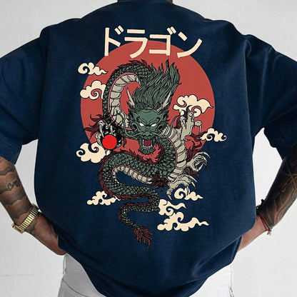 Men's Cotton Fashionable Casual Loose Japanese Anime Dragon Pattern Printed Round Neck Short Sleeve T-shirt Top