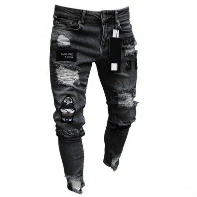Plus Size Pants Men Skinny Ripped Hole Patchwork Jeans Slim Pencil Denim Streetwear Men's