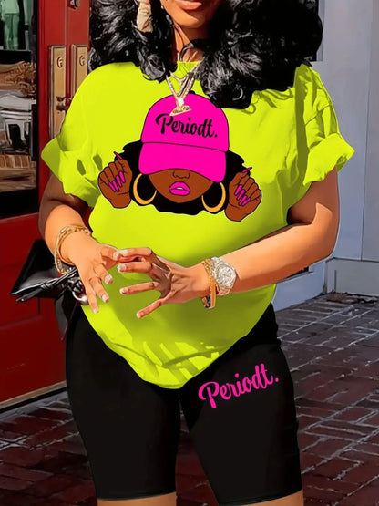 Women's casual loose fit large casual Graphic print round neck short sleeved T-shirt+shorts two-piece set