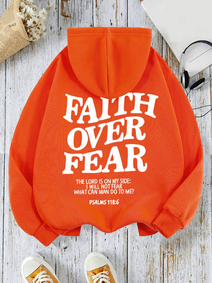 Casual Women's Hoodies Faith Over Fear Letter Printing Sweatshirts Fleece Warm Comfortable Pocket Streetwear