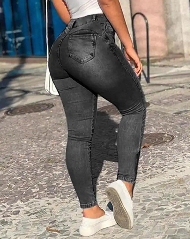 Women's Denim Pants Fashion Solid Color Buttoned Pocket Zipper Design High Waist Casual Daily Skinny Jeans