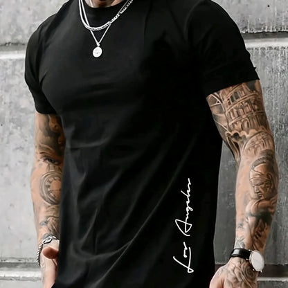 Men's 100 cotton summer loose Contrast Color  los Angelest print slim fit casual round neck short sleeved T-shirt