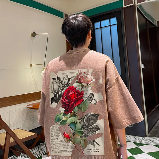 Gothic T-Shirt for Men Vintage Rose Graphic Short Sleeve Tee Tops Street Men Women Clothing