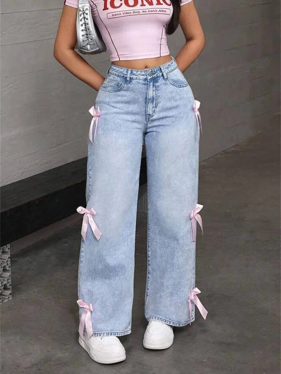 Women Jeans Wide Leg Pants Bow Washed High Waist Streetwear Denims Vintage Straight Ankle Length