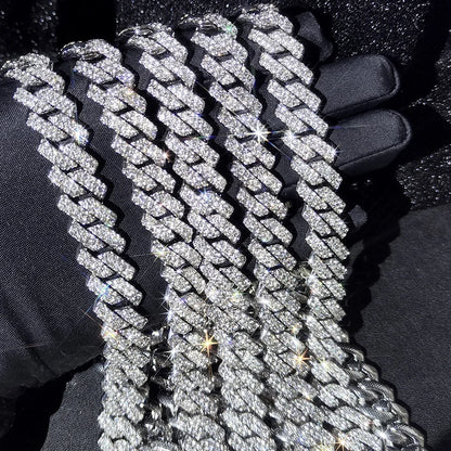 Silver Color 14mm Prong Miami Cuban Link Chain For Women Iced Out 2 Row Rhinestones Square Cuban Link Choker