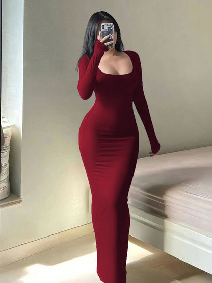 Women's Solid Long Sleeve Dress, Basic Minimalist Causual Fashion Scoop Neck Long Dress, Womenswear