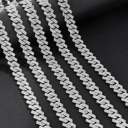 Men Women 14MM Prong Cuban Link Chain Necklace Bling Iced Out 2 Row Rhinestone Cuban Necklace Jewelry