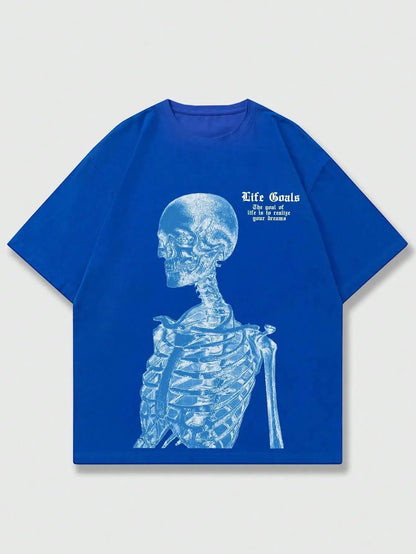 Blue Skeleton Man Life Goals Letter Printing O-Neck Cotton Tops Street Fashion Tees Loose Soft Clothes