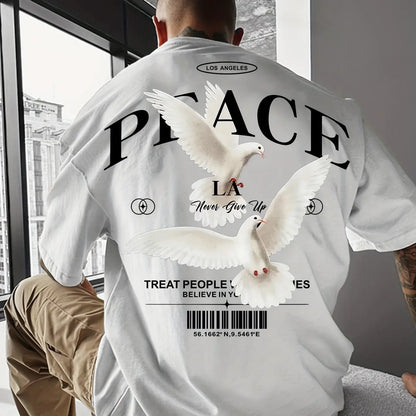 Men's  100% pure cotton fashionable casual loose and flat pattern printed sports round neck short sleeved T-shirt top