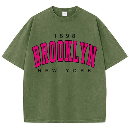 Womans Cotton Washed T-Shirts Fashion Loose O-Neck Short Sleeve Brooklyn New York Printing Tops Female Clothes