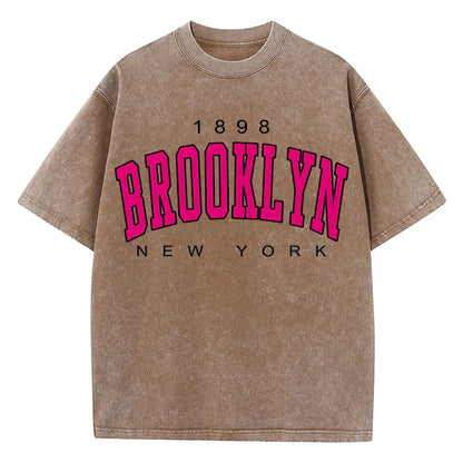 Womans Cotton Washed T-Shirts Fashion Loose O-Neck Short Sleeve Brooklyn New York Printing Tops Female Clothes