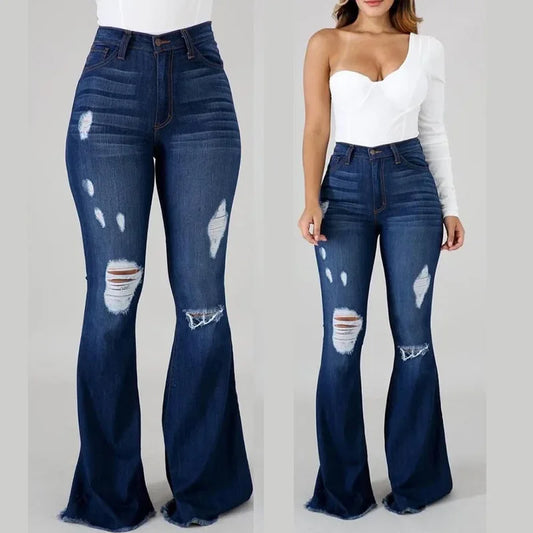 Denim Womens Pants High-stretch Ripped Jeans High-waisted Flared for Women
