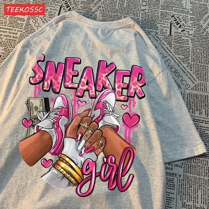Womens T-Shirts Pink Sneaker Girl Prints Short Sleeve O-Neck Oversize Breathable Fashion Female Clothes
