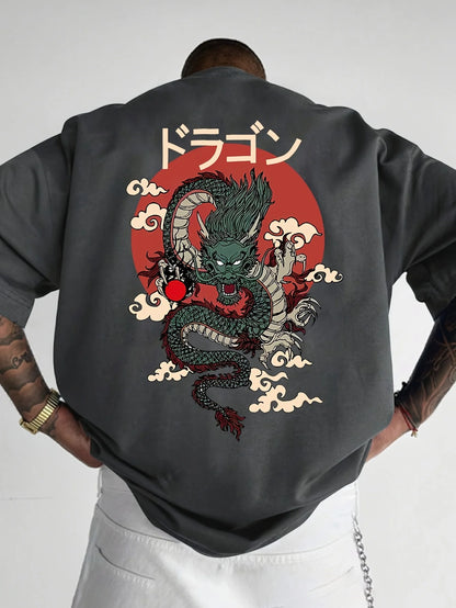 Men's Cotton Fashionable Casual Loose Japanese Anime Dragon Pattern Printed Round Neck Short Sleeve T-shirt Top