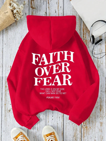 Casual Women's Hoodies Faith Over Fear Letter Printing Sweatshirts Fleece Warm Comfortable Pocket Streetwear