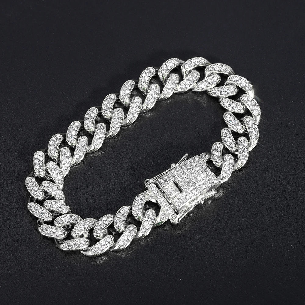 Shiny Cuban Link Chain Bracelet Women Men Gold Color Rhinestone Iced Out Chain Bracelets Jewelry