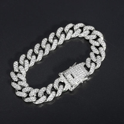 Shiny Cuban Link Chain Bracelet Women Men Gold Color Rhinestone Iced Out Chain Bracelets Jewelry