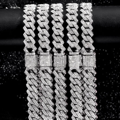 Men Women 14MM Prong Cuban Link Chain Necklace Bling Iced Out 2 Row Rhinestone Cuban Necklace Jewelry