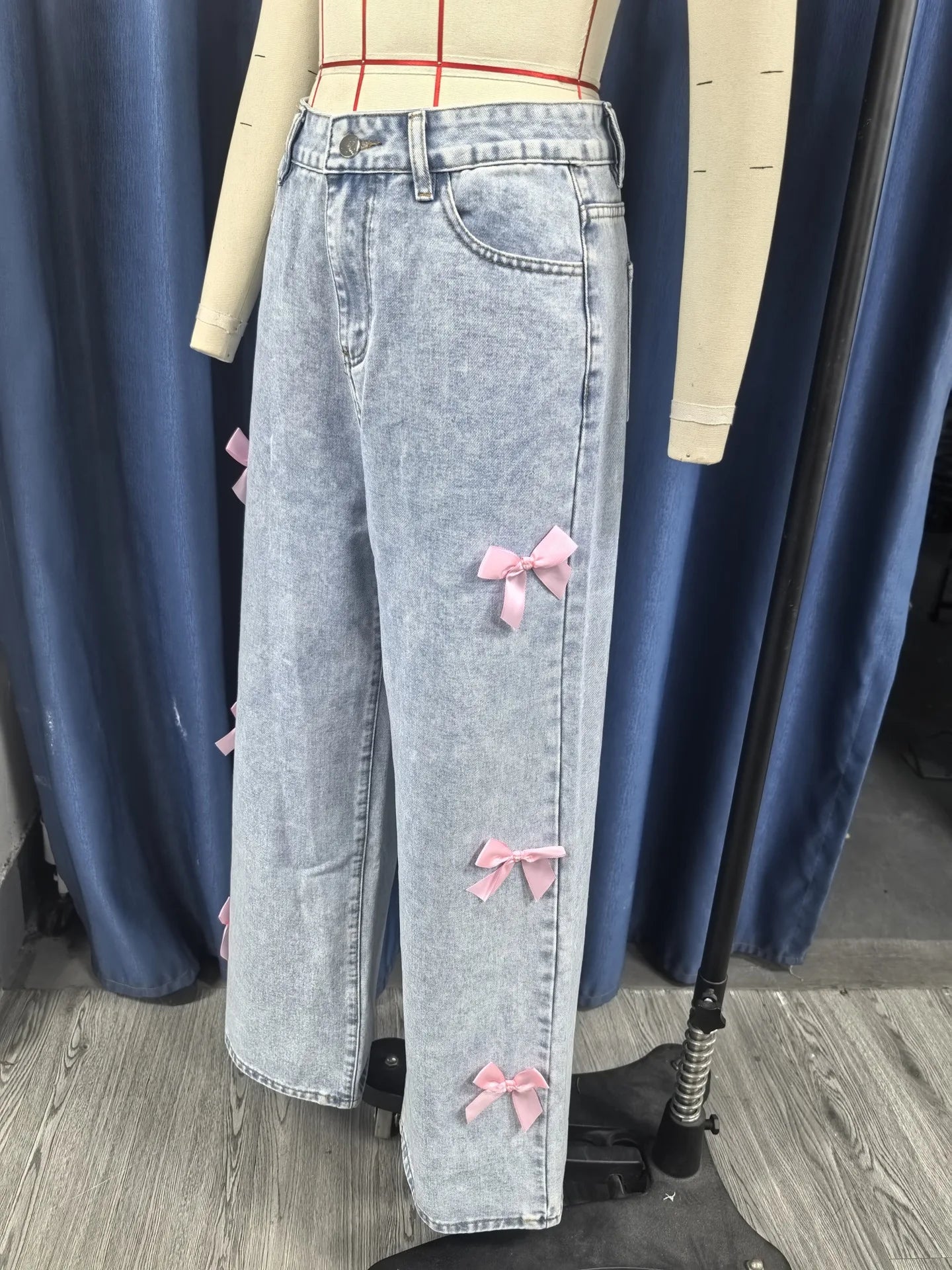 Women Jeans Wide Leg Pants Bow Washed High Waist Streetwear Denims Vintage Straight Ankle Length