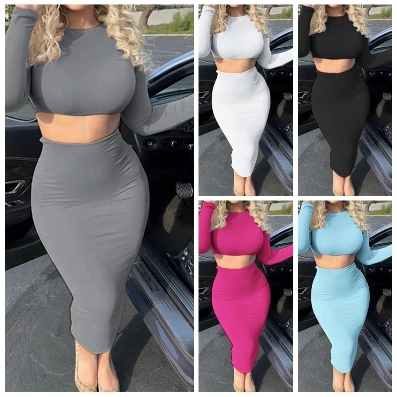 Womens Dress Sets Long Sleeve Crop Tops And Mid Calf Skirt Suit Fashion 2PCS Set Slim