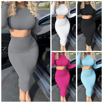 Womens Dress Sets Long Sleeve Crop Tops And Mid Calf Skirt Suit Fashion 2PCS Set Slim