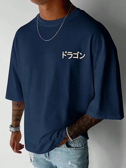 Men's Cotton Fashionable Casual Loose Japanese Anime Dragon Pattern Printed Round Neck Short Sleeve T-shirt Top