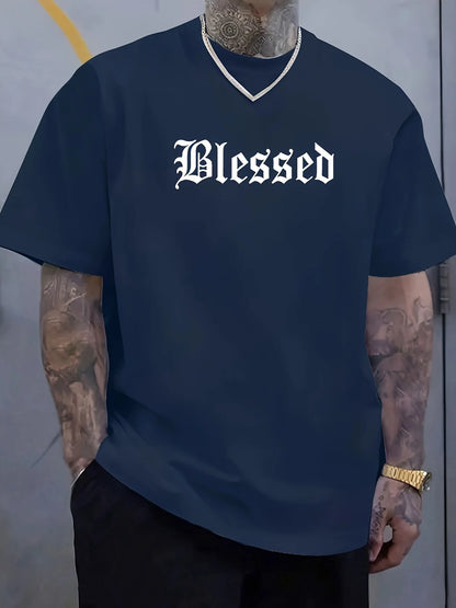Men's 100% pure cotton fashionable casual loose Blessed letter pattern printed round neck short sleeved T-shirt