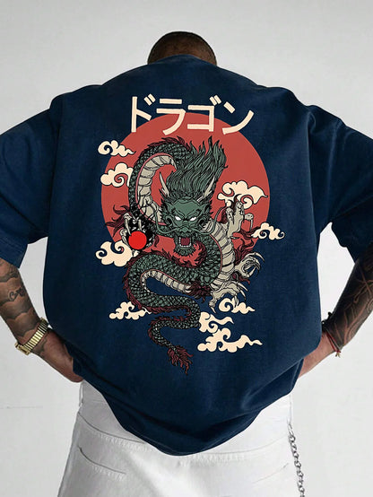 Men's Cotton Fashionable Casual Loose Japanese Anime Dragon Pattern Printed Round Neck Short Sleeve T-shirt Top