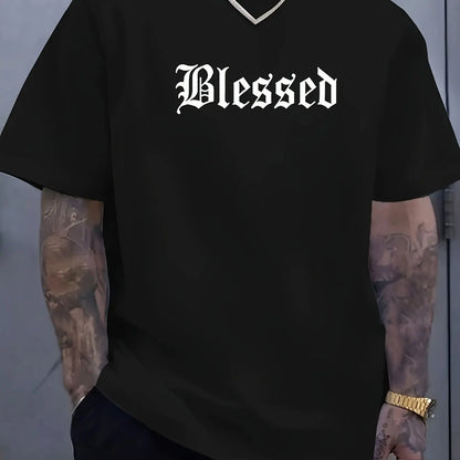 Men's 100% pure cotton fashionable casual loose Blessed letter pattern printed round neck short sleeved T-shirt