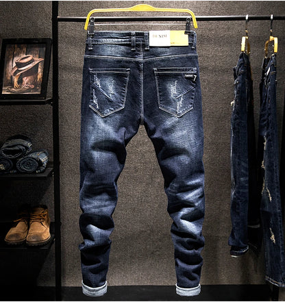 Ripped Jeans Men Slim-fit Denim Pants Fashion Elasticity Versatile Blue Black Men's Clothing