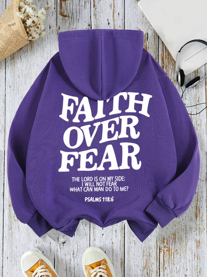 Casual Women's Hoodies Faith Over Fear Letter Printing Sweatshirts Fleece Warm Comfortable Pocket Streetwear