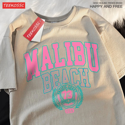 Malibu Beach Simple Letter Printing Print  Women Top Fashion T Shirt Cotton Loose T-Shirt Casual O-Neck Clothes Oversize Top