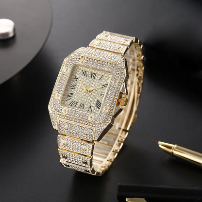 Classic Luxury Business Men's Steel Strap Square Roman Scale Rhinestone Quartz Watch