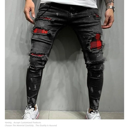 Jeans Pencil Pants Holes Distressed Men Streetwear Denims Mid Waist Slim Fit Washed Denim Ankle Length