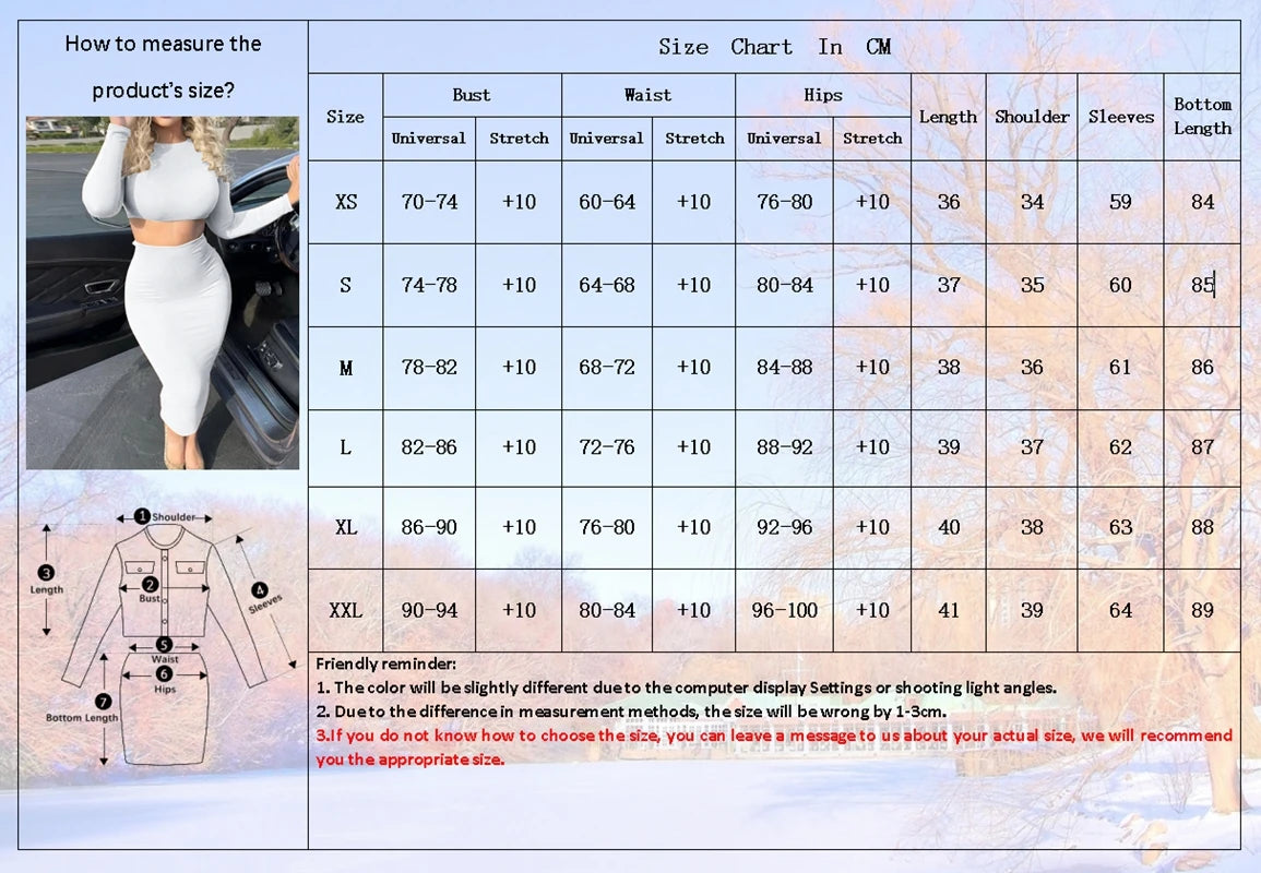 Womens Dress Sets Long Sleeve Crop Tops And Mid Calf Skirt Suit Fashion 2PCS Set Slim