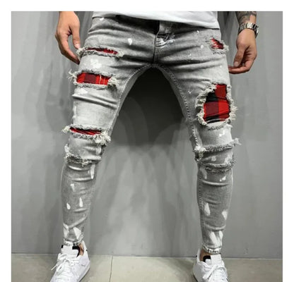 Jeans Pencil Pants Holes Distressed Men Streetwear Denims Mid Waist Slim Fit Washed Denim Ankle Length