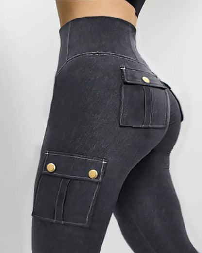 Women's Denim Pants Fashion Solid Color Buttoned Pocket Zipper Design High Waist Casual Daily Skinny Jeans