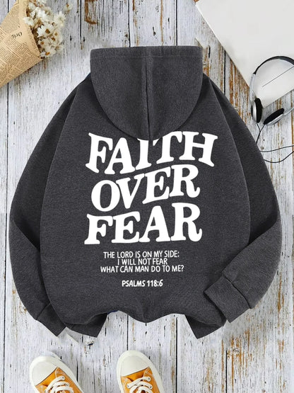 Casual Women's Hoodies Faith Over Fear Letter Printing Sweatshirts Fleece Warm Comfortable Pocket Streetwear