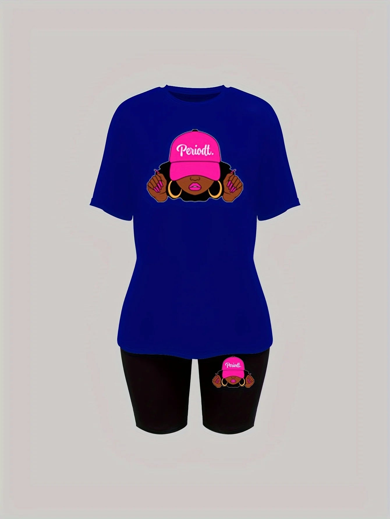 Women's casual loose fit large casual Graphic print round neck short sleeved T-shirt+shorts two-piece set