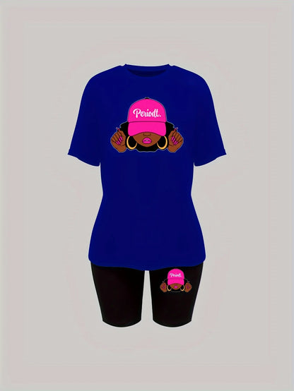 Women's casual loose fit large casual Graphic print round neck short sleeved T-shirt+shorts two-piece set