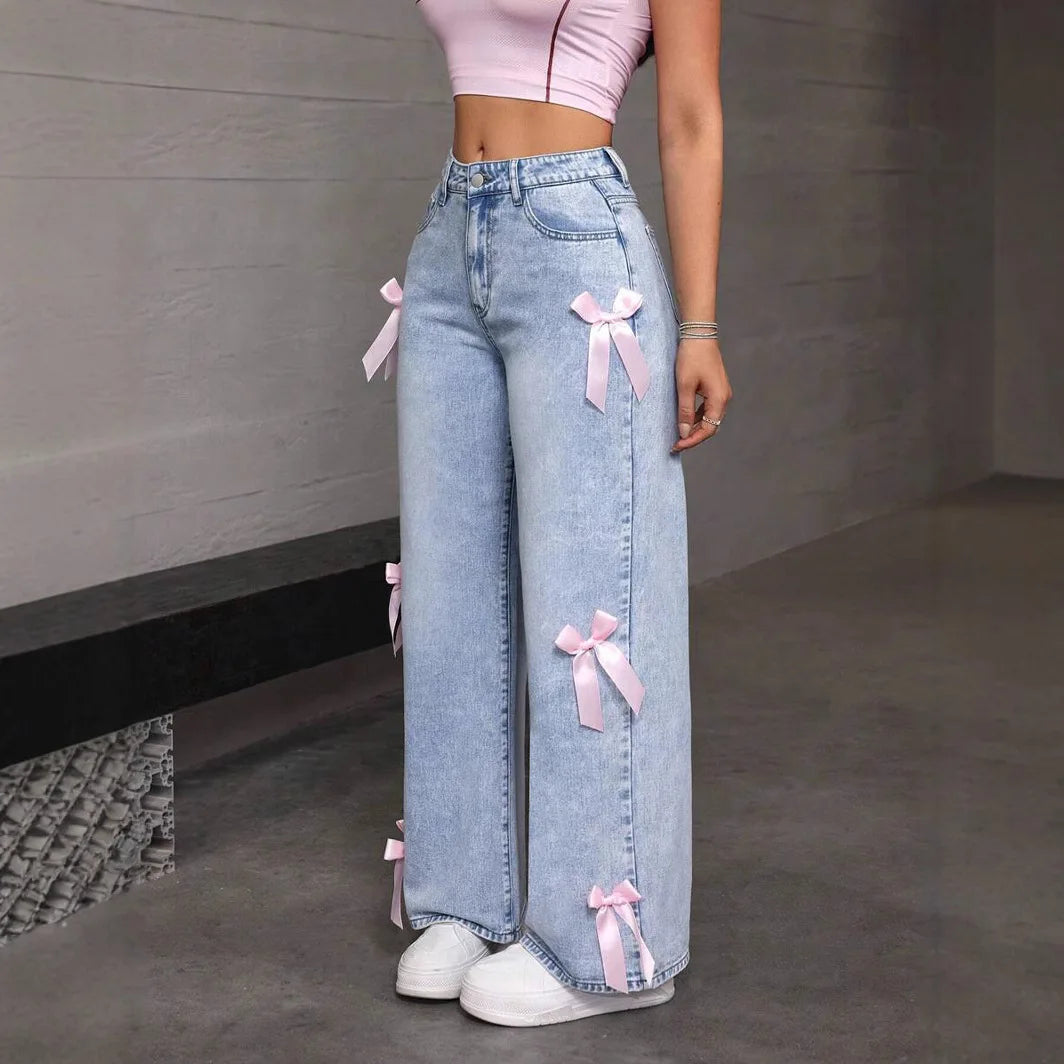 Women Jeans Wide Leg Pants Bow Washed High Waist Streetwear Denims Vintage Straight Ankle Length