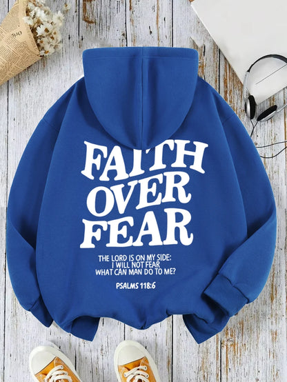 Casual Women's Hoodies Faith Over Fear Letter Printing Sweatshirts Fleece Warm Comfortable Pocket Streetwear