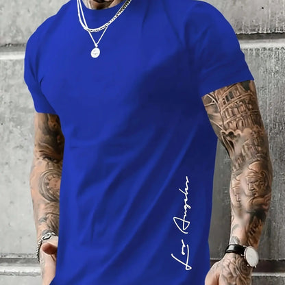 Men's 100 cotton summer loose Contrast Color  los Angelest print slim fit casual round neck short sleeved T-shirt