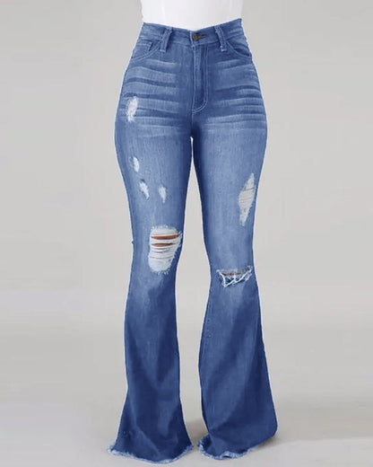 Denim Womens Pants High-stretch Ripped Jeans High-waisted Flared for Women
