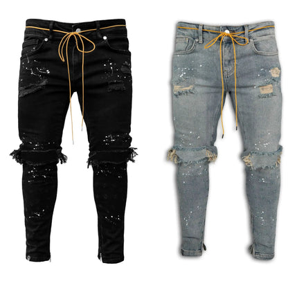 Men Long Jeans Pants Denim Simple Slim Fit Zipper Lace Up Tight Waist