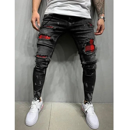 Jeans Pencil Pants Holes Distressed Men Streetwear Denims Mid Waist Slim Fit Washed Denim Ankle Length