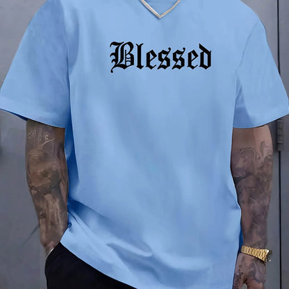 Men's 100% pure cotton fashionable casual loose Blessed letter pattern printed round neck short sleeved T-shirt