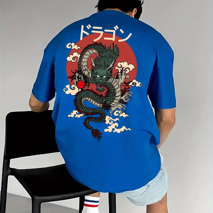 Men's Cotton Fashionable Casual Loose Japanese Anime Dragon Pattern Printed Round Neck Short Sleeve T-shirt Top